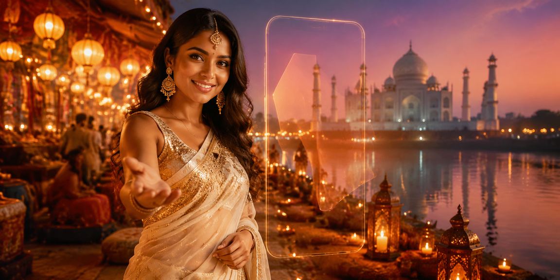 Vibrant Taj Mahal backdrop behind a mobile casino app screen in India's cultural setting