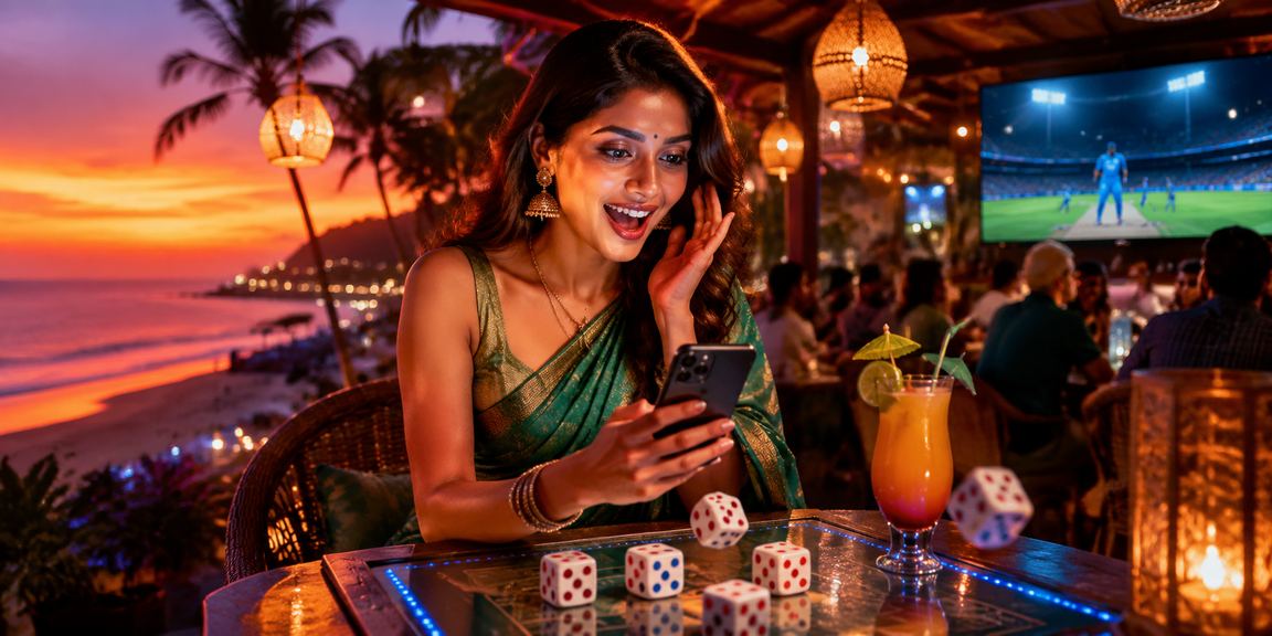 Indian cricket fan enjoying mobile sports betting on beach